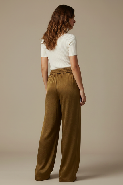 Pantalon Chinois Satin Fluide Ample Taille Haute Vert - Kaki - vue 2