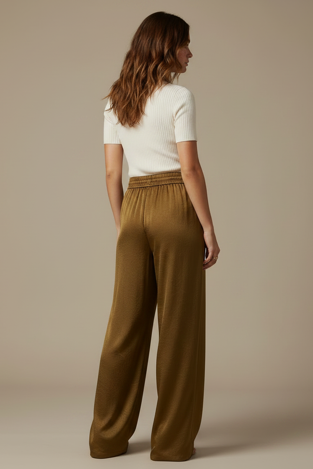 Pantalon Chinois Satin Fluide Ample Taille Haute Vert - Kaki - vue 2