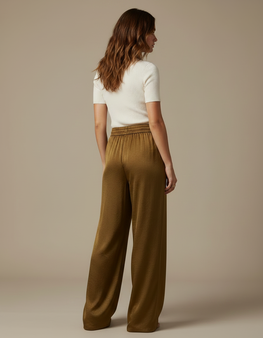 Pantalon Chinois Satin Fluide Ample Taille Haute Vert - Kaki - vue 2