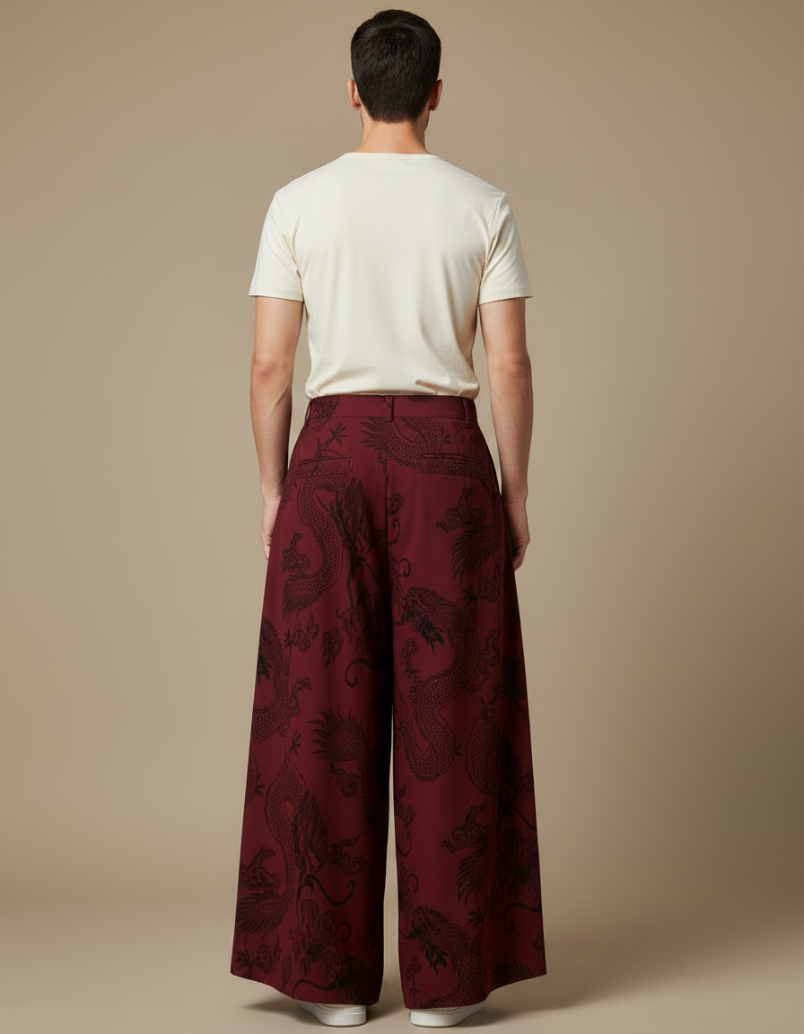 Pantalon Chinois Bordeaux Ample Dragon Jacquard Homme - Viscose - vue 2