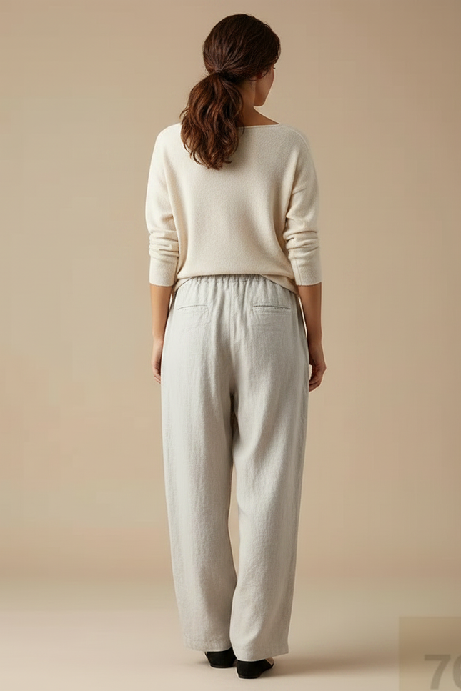 Pantalon Chinois Lin Ample Beige Décontracté Tendance - vue 2