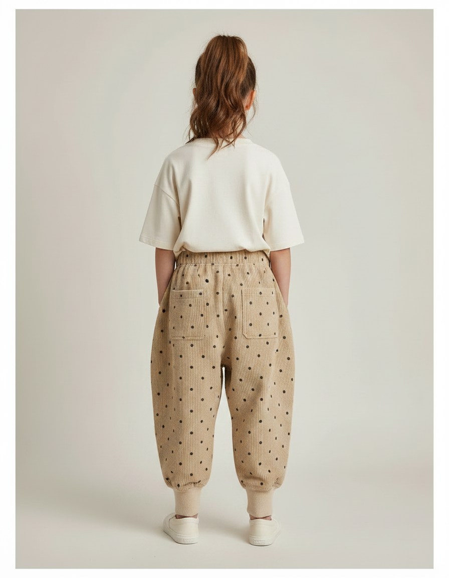 Pantalon Chinois Beige Côtelé Ample Pois Fille Confortable - Cordé - vue 2