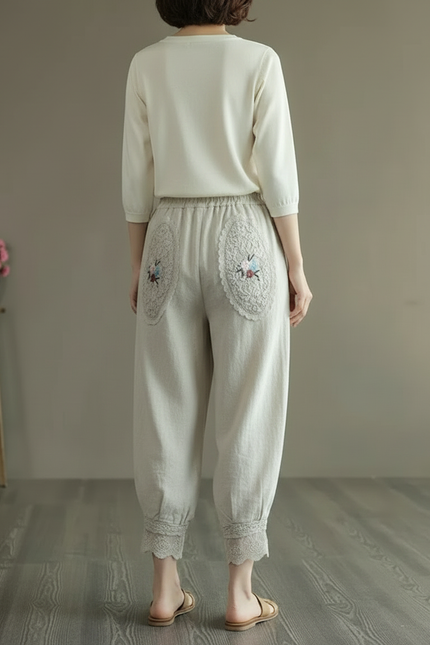 Pantalon Chinois Lin Coton Harem Brodé Ethnique Écru - Beige - vue 2