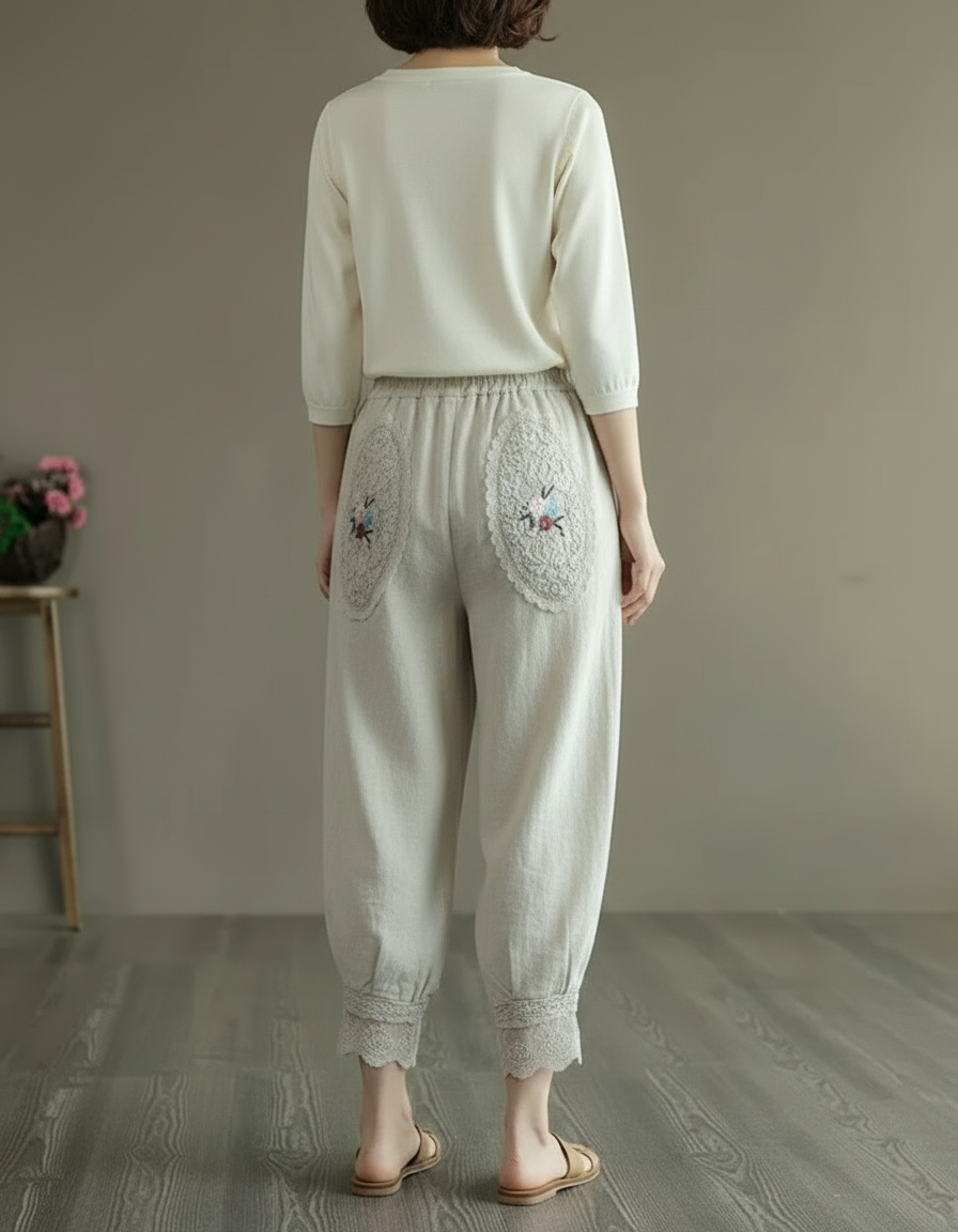 Pantalon Chinois Lin Coton Harem Brodé Ethnique Écru - Beige - vue 2