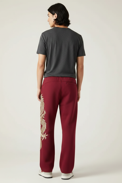 Pantalon Chinois Rouge Ample Dragon Brodé Décontracté - Bordeaux Molleton - vue 2