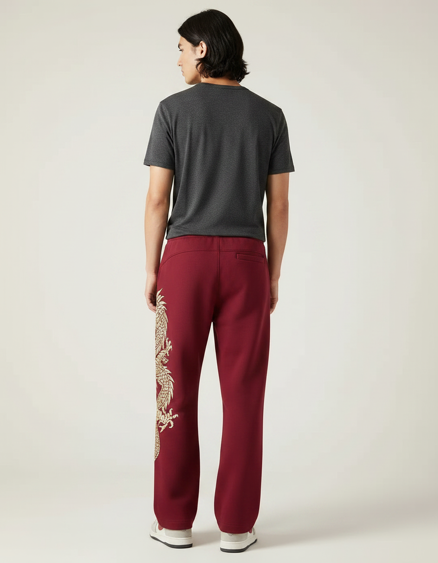 Pantalon Chinois Rouge Ample Dragon Brodé Décontracté - Bordeaux Molleton - vue 2