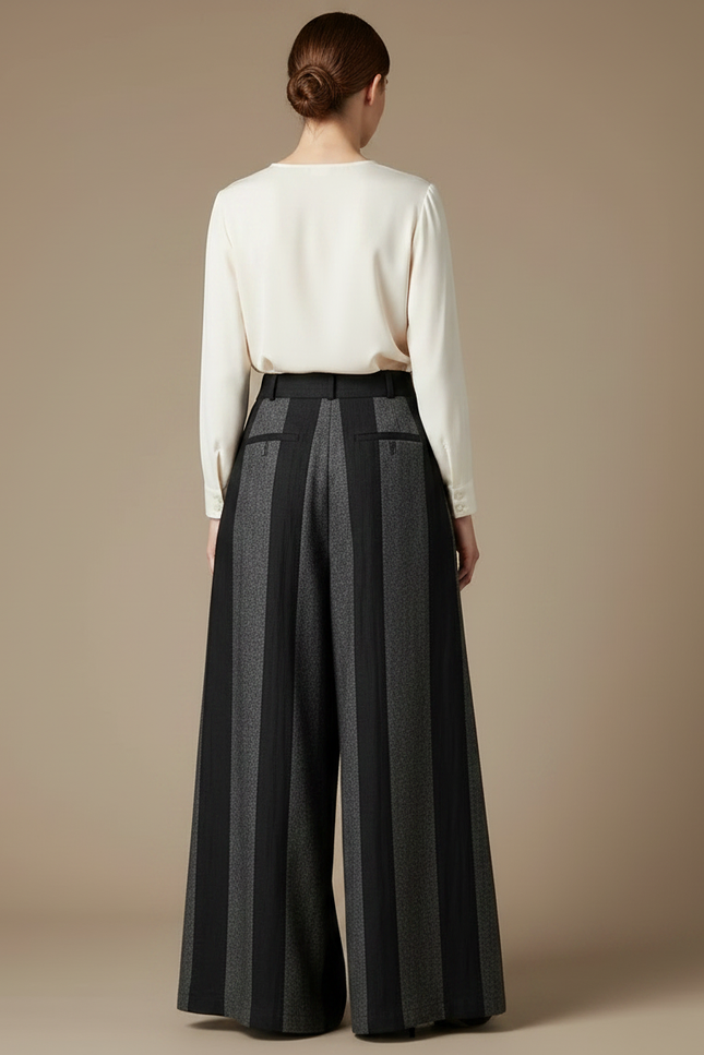 Pantalon Chinois Large Rayé Gris Noir Élégant - Multicolore Tweed - vue 2