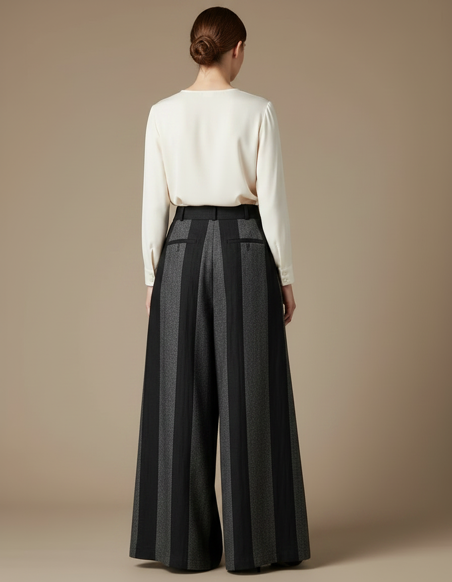 Pantalon Chinois Large Rayé Gris Noir Élégant - Multicolore Tweed - vue 2