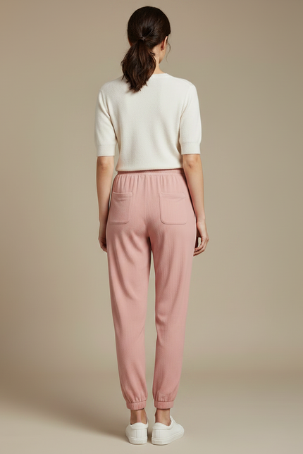 Pantalon Chinois Rose Fluide Cordon Chevilles Élastiquées Confortable - Maille - vue 2