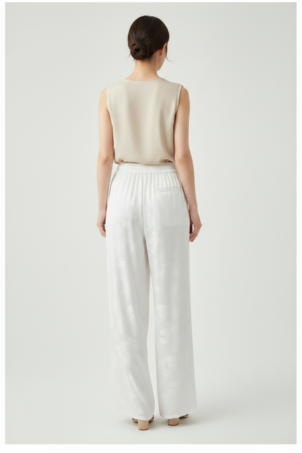 Pantalon Chinois Blanc Brodé Ample Jacquard Fluide - Satin - vue 2