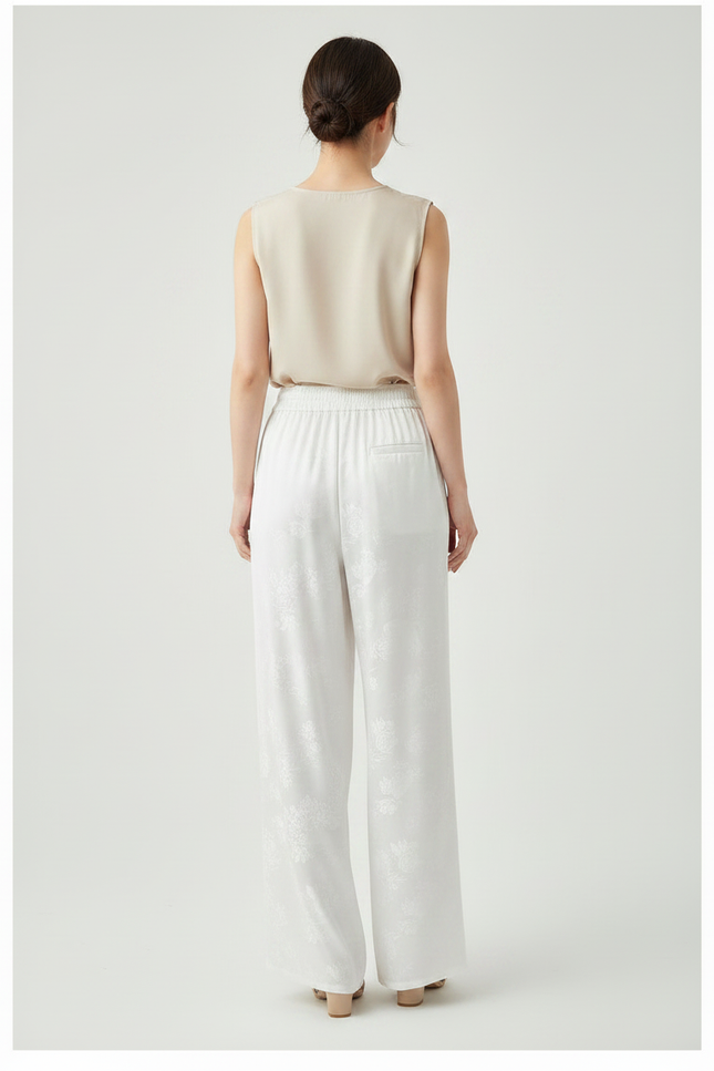 Pantalon Chinois Blanc Brodé Ample Jacquard Fluide - Satin - vue 2