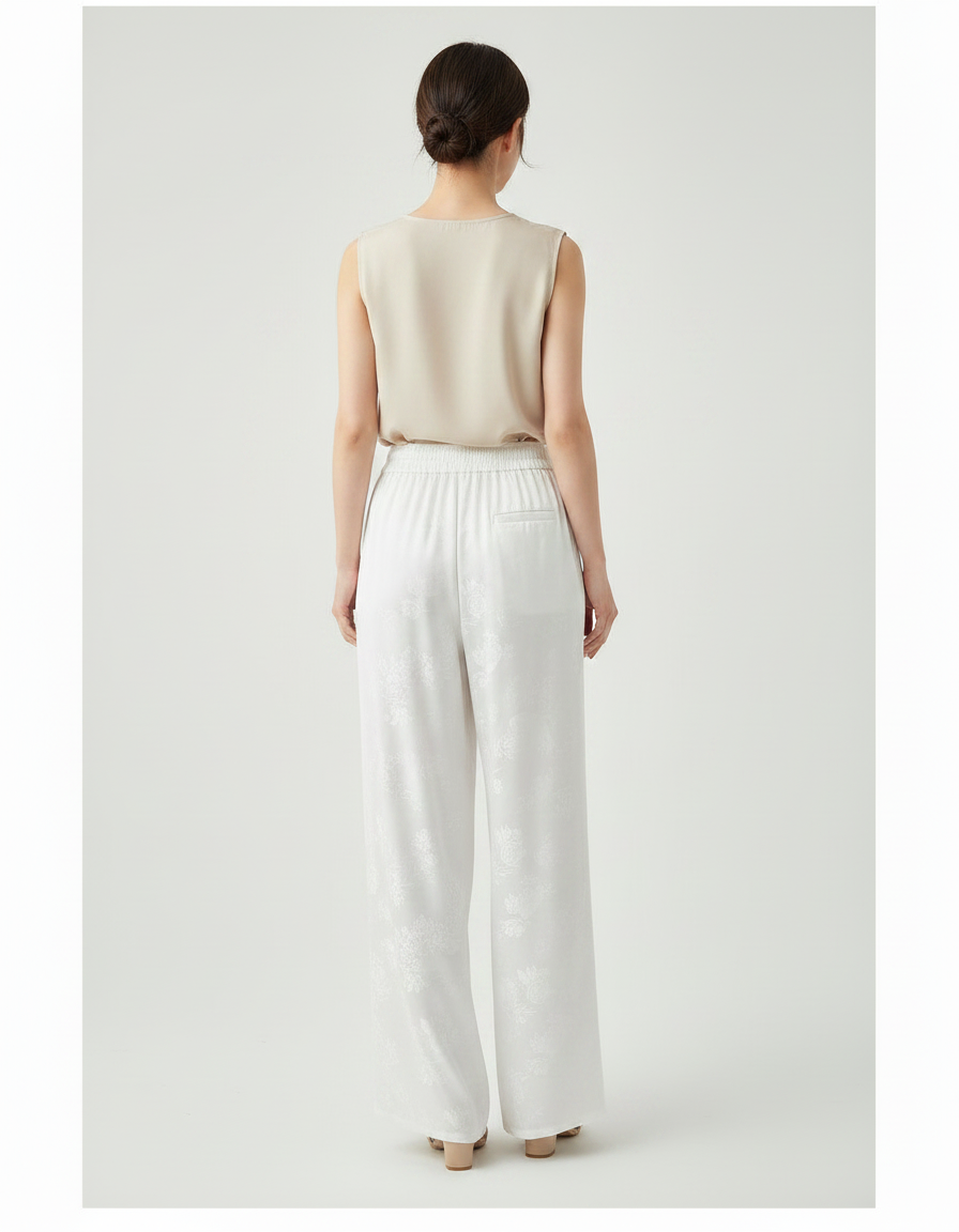 Pantalon Chinois Blanc Brodé Ample Jacquard Fluide - Satin - vue 2