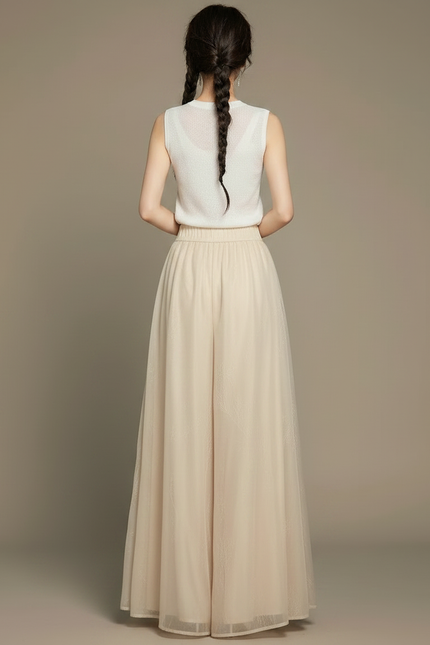 Pantalon Chinois Beige Tulle Ample Long Élégant - Polyester - vue 2