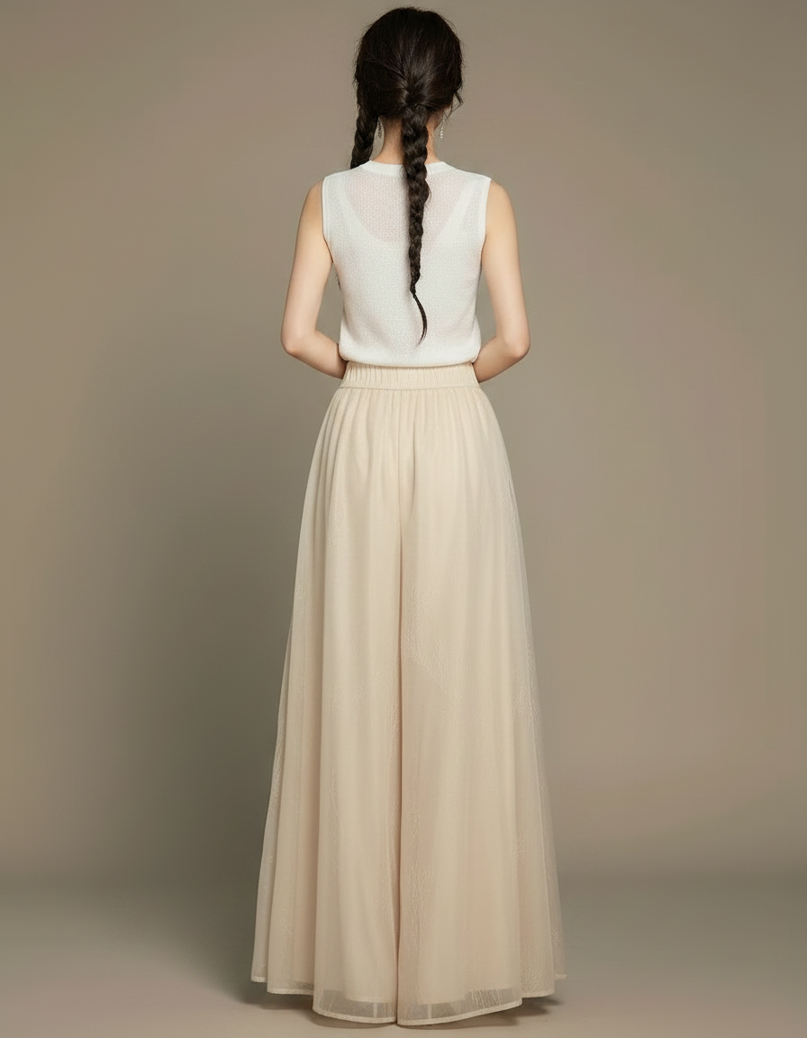Pantalon Chinois Beige Tulle Ample Long Élégant - Polyester - vue 2