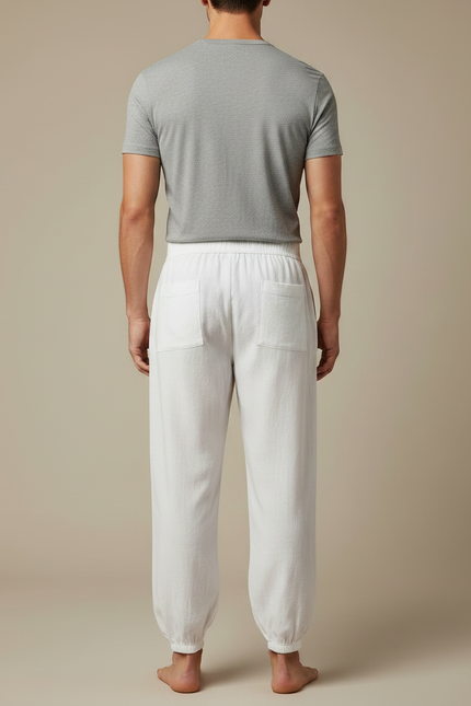 Pantalon Chinois Blanc Ample Brodé Dragon Bleu - Lin - vue 2