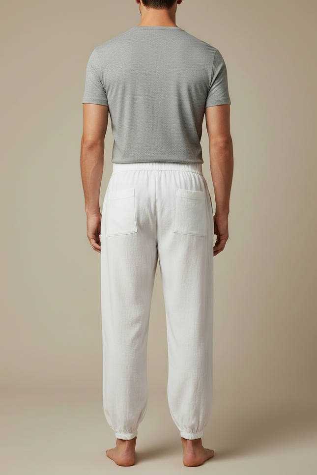 Pantalon Chinois Blanc Ample Brodé Dragon Bleu - Lin - vue 2