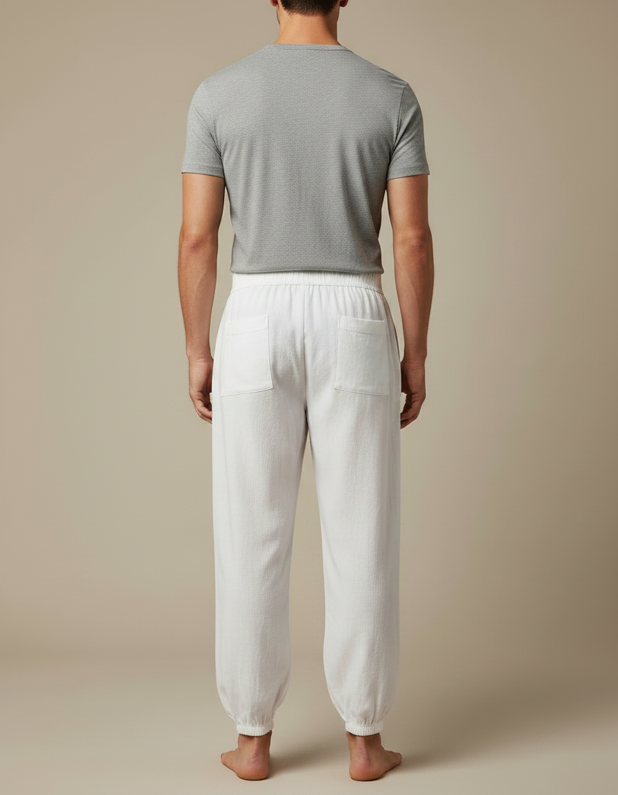 Pantalon Chinois Blanc Ample Brodé Dragon Bleu - Lin - vue 2