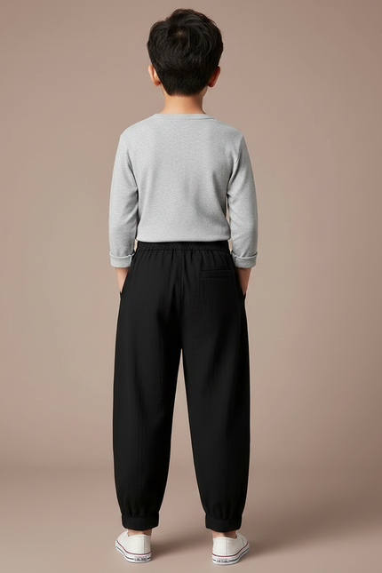 Pantalon Chinois Noir Brodé Floral Ample Enfant - Lin - vue 2
