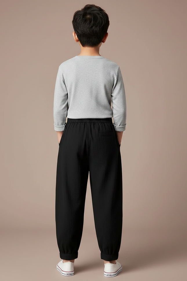 Pantalon Chinois Noir Brodé Floral Ample Enfant - Lin - vue 2