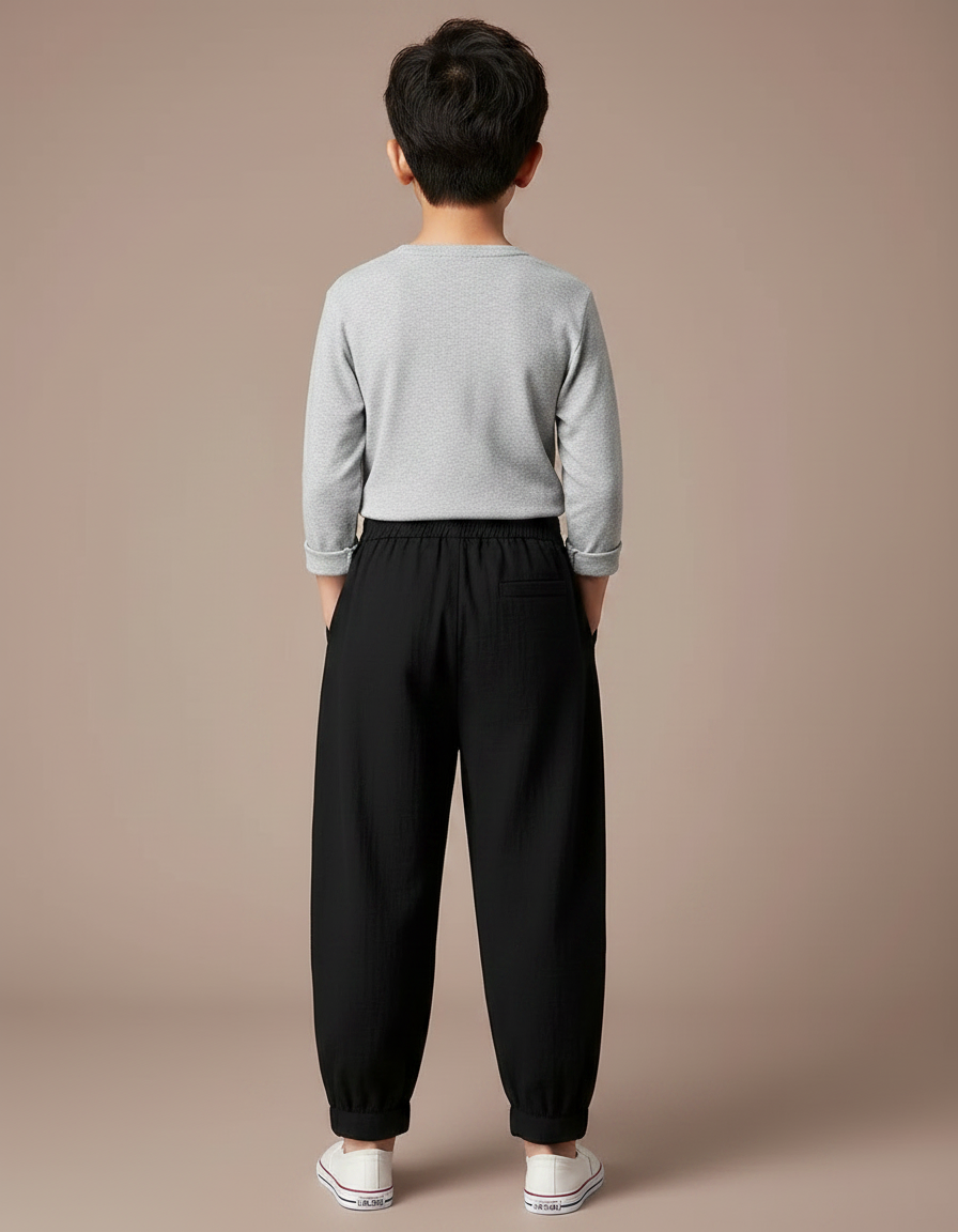 Pantalon Chinois Noir Brodé Floral Ample Enfant - Lin - vue 2