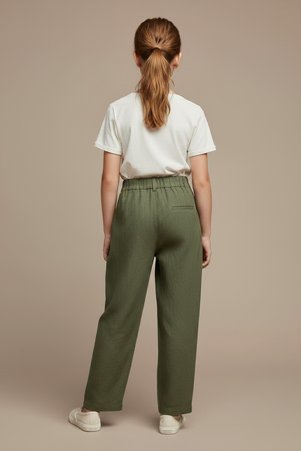 Pantalon Chinois Vert Ample Lin Plissé Décontracté - Kaki - vue 2