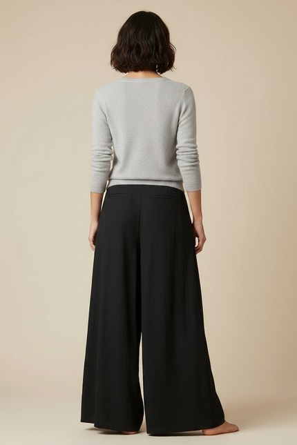 Pantalon Chinois Noir Plissé Ample Fluide Coton - vue 2