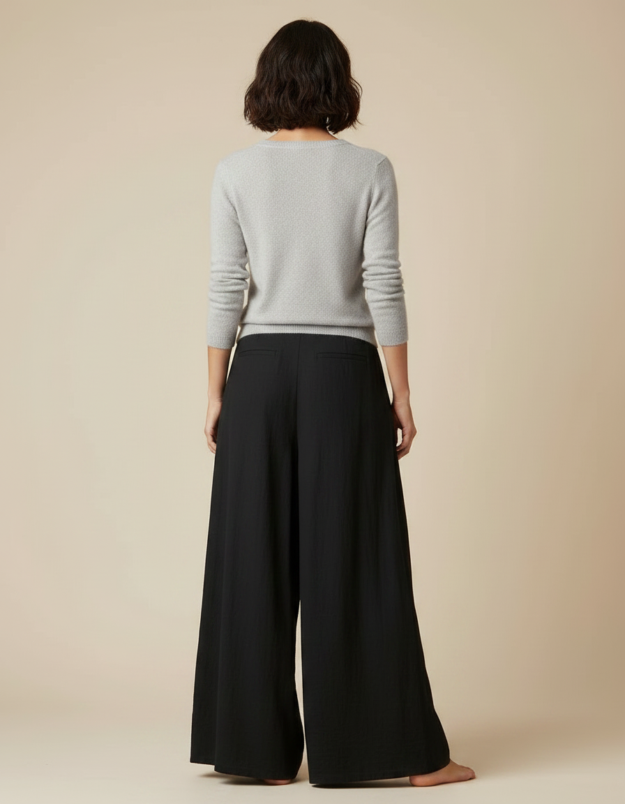 Pantalon Chinois Noir Plissé Ample Fluide Coton - vue 2