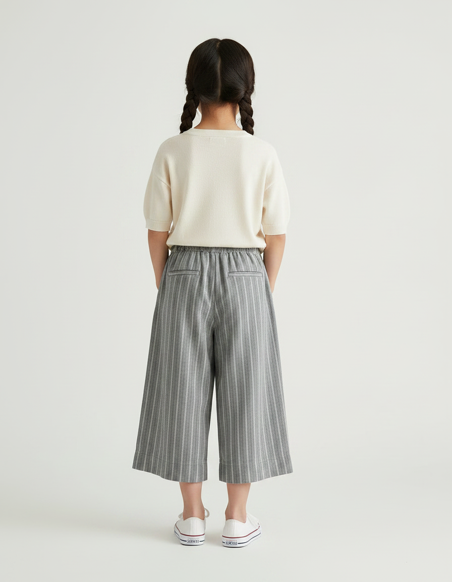 Pantalon Chinois Gris Rayé Ample Coton Fluide - vue 2
