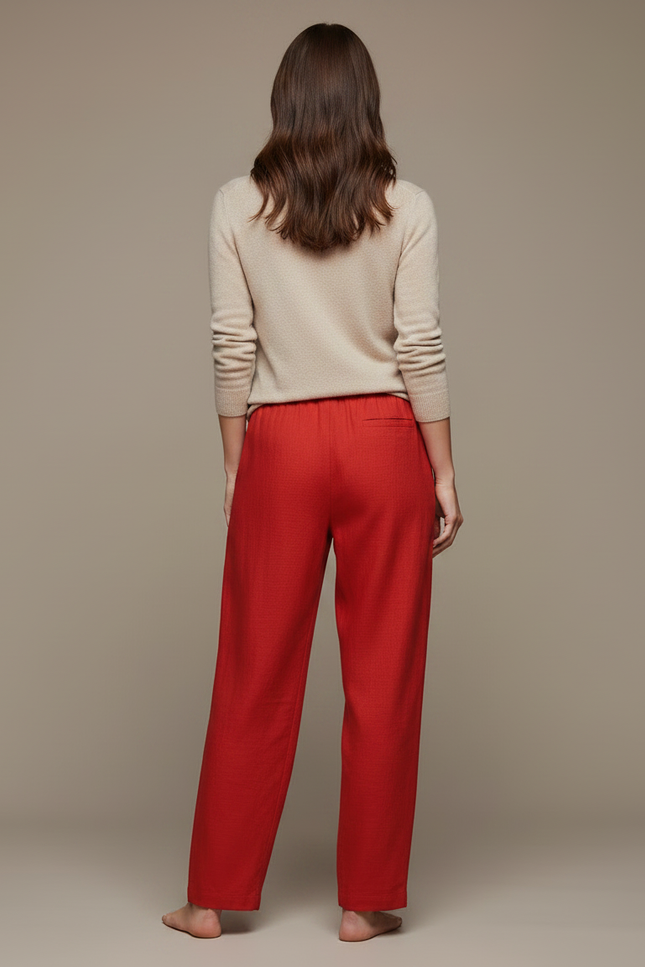 Pantalon Chinois Femme Rouge Ample - Lin - vue 2