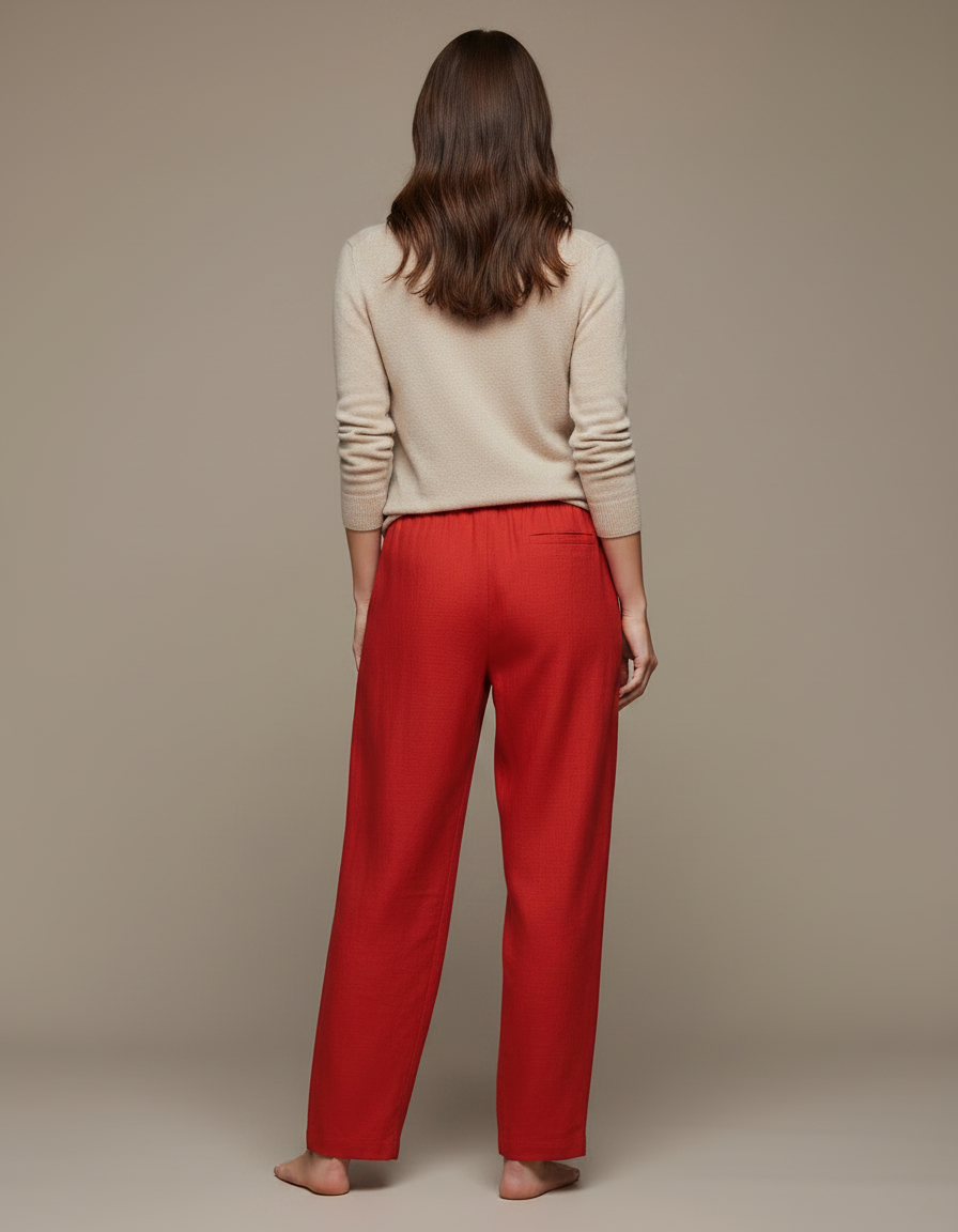 Pantalon Chinois Femme Rouge Ample - Lin - vue 2