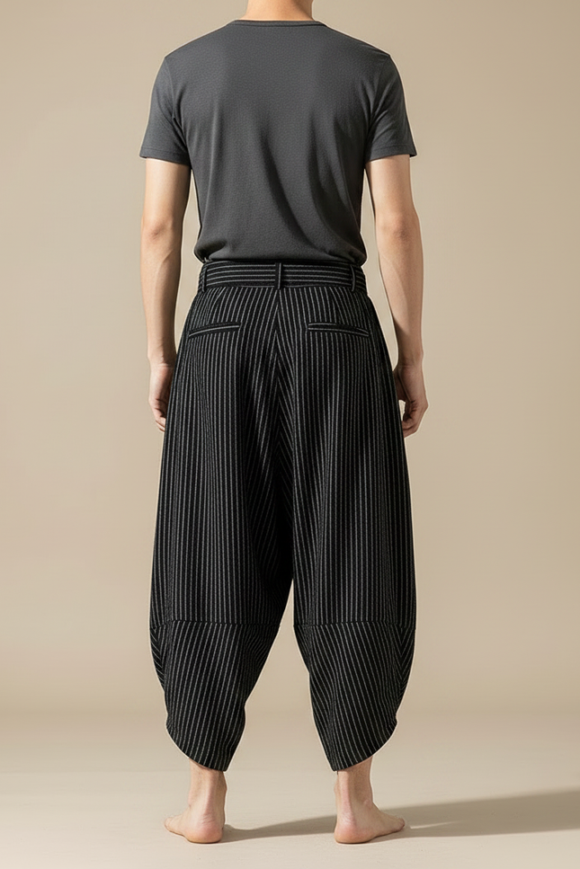 Pantalon Chinois Noir Rayé Ample Coton Lin - vue 2
