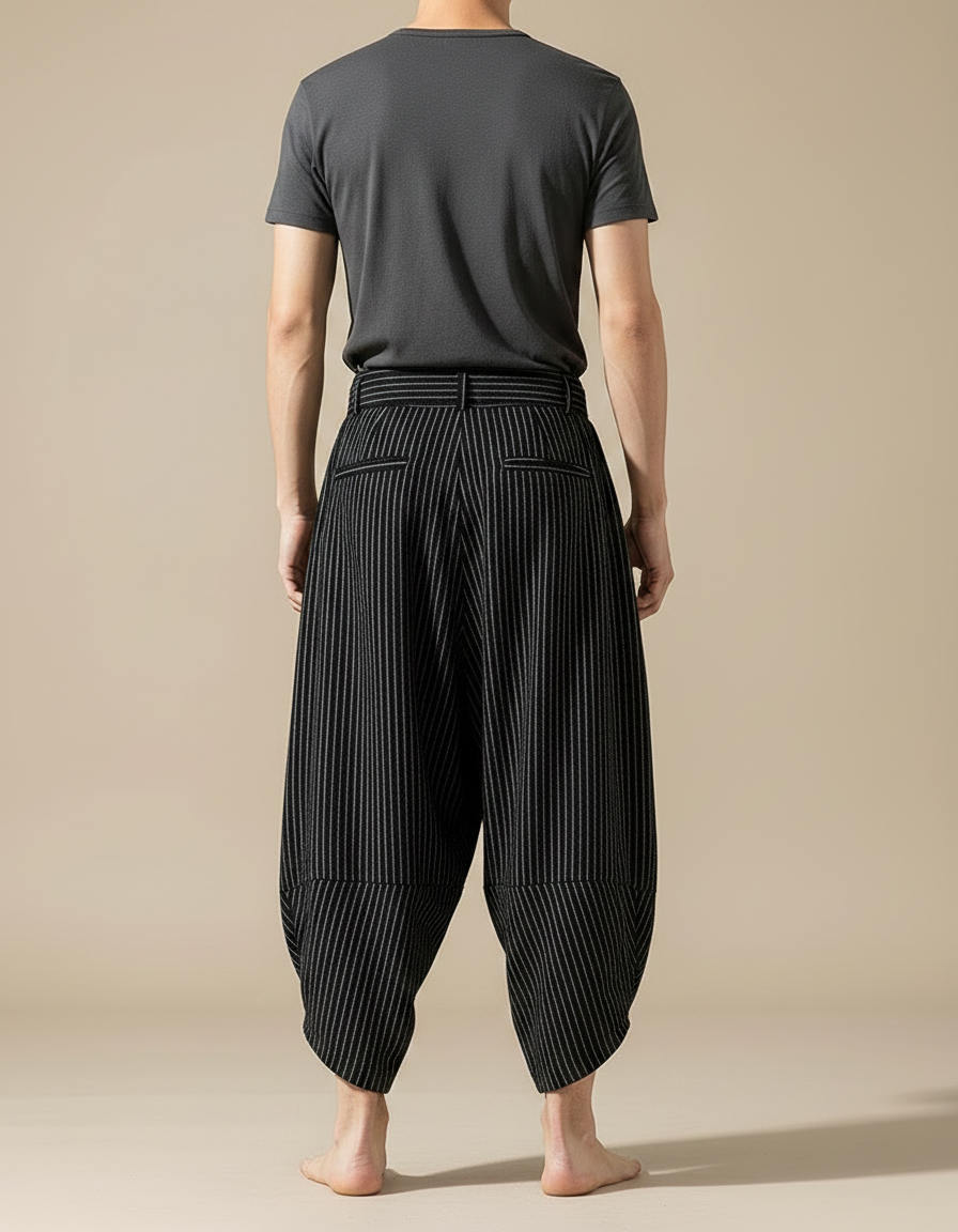 Pantalon Chinois Noir Rayé Ample Coton Lin - vue 2