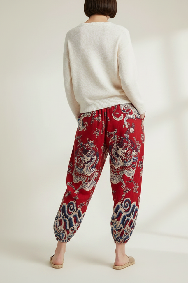 Pantalon Chinois Rouge Dragon Ample Harem Coton - vue 2