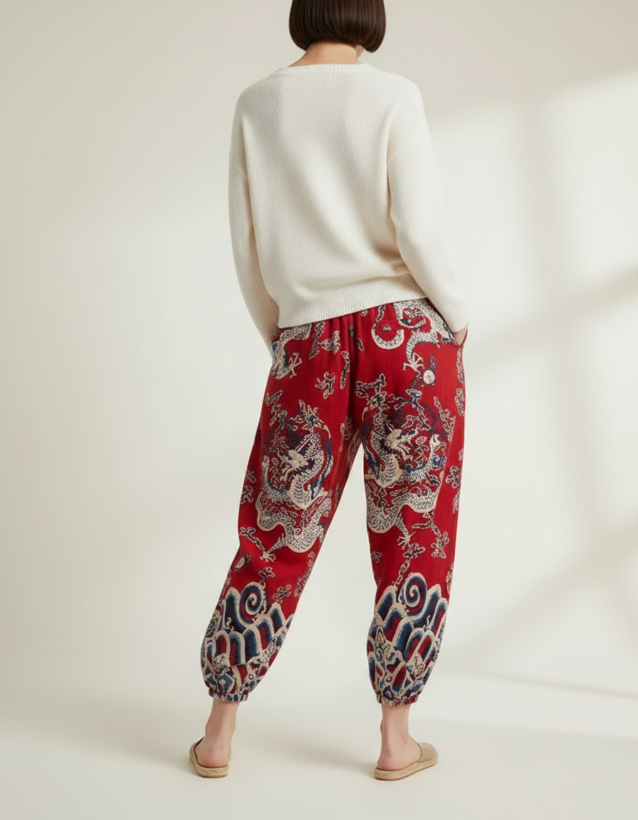 Pantalon Chinois Rouge Dragon Ample Harem Coton - vue 2