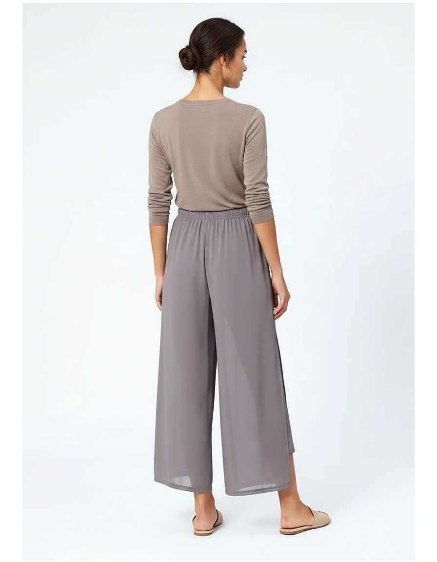 Pantalon Chinois Gris Fluide Double-couche Fendu Élégant - Polyester - vue 2