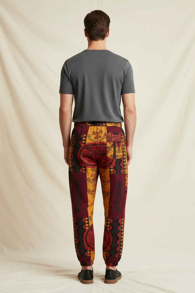 Pantalon Chinois Ethnique Imprimé Ample Cordon Léger - Multicolore Coton - vue 2