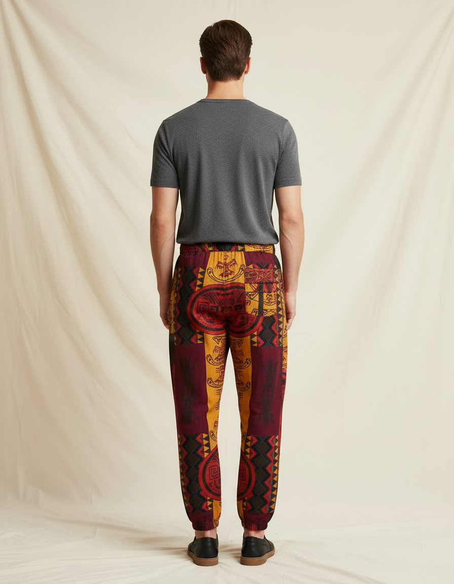 Pantalon Chinois Ethnique Imprimé Ample Cordon Léger - Multicolore Coton - vue 2