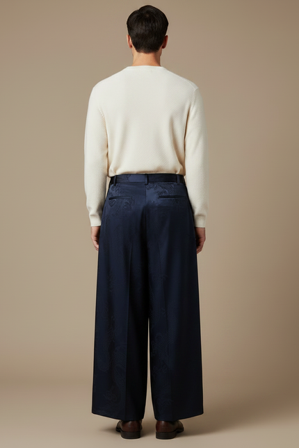 Pantalon Chinois Bleu Marine Ample Jacquard Dragon Soie - vue 2