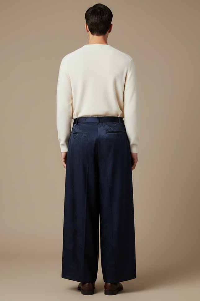 Pantalon Chinois Bleu Marine Ample Jacquard Dragon Soie - vue 2