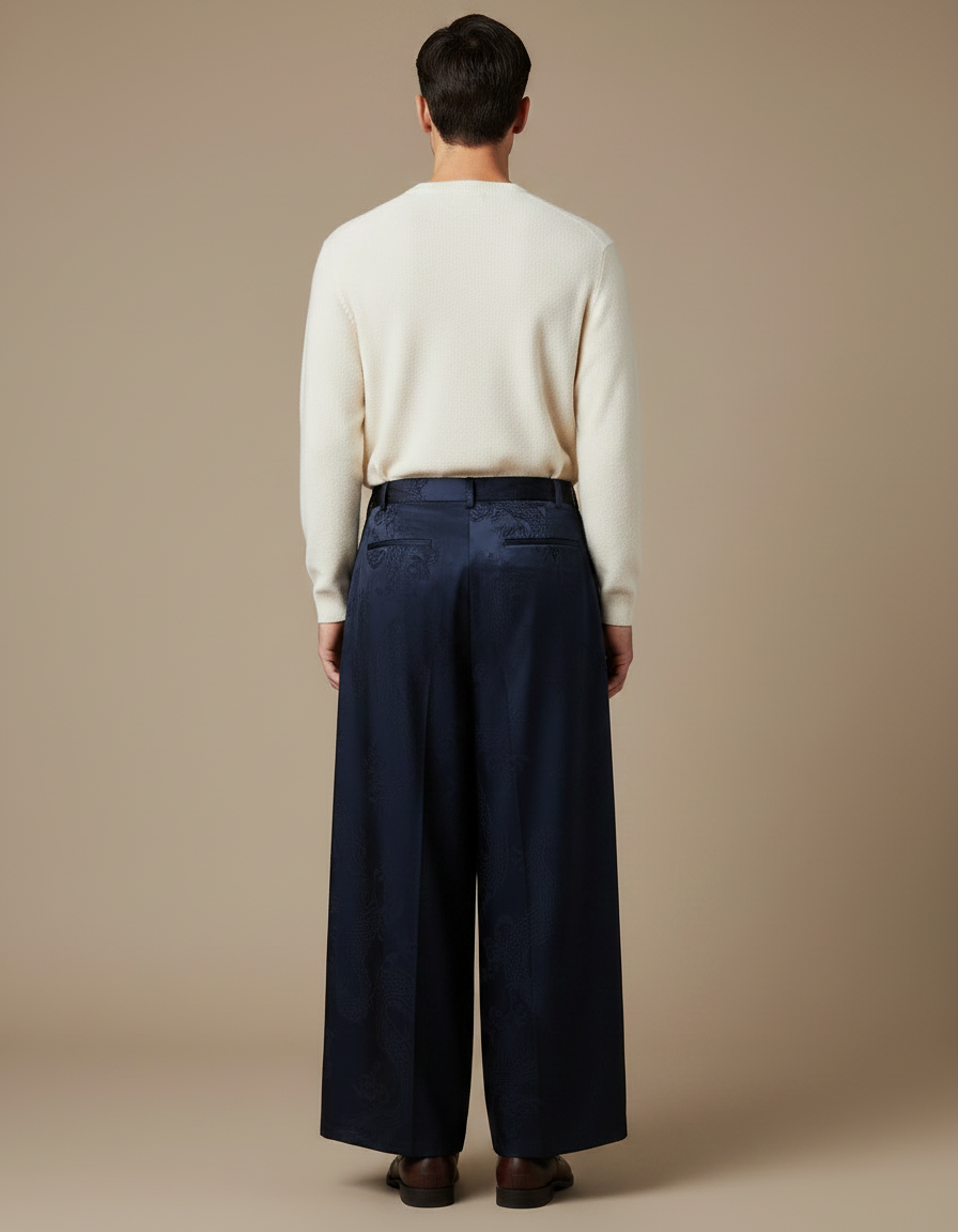 Pantalon Chinois Bleu Marine Ample Jacquard Dragon Soie - vue 2