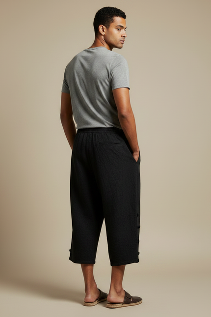Pantalon Chinois Noir Ample Texturé Décontracté Coton Lin - vue 2