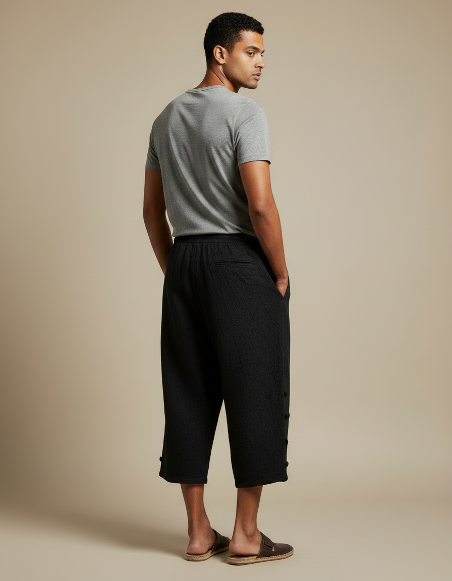 Pantalon Chinois Noir Ample Texturé Décontracté Coton Lin - vue 2
