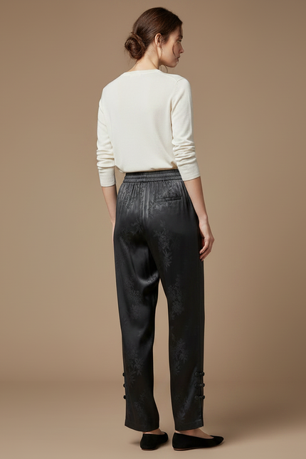 Pantalon Chinois Satin Noir Jacquard Ample Élégant - vue 2