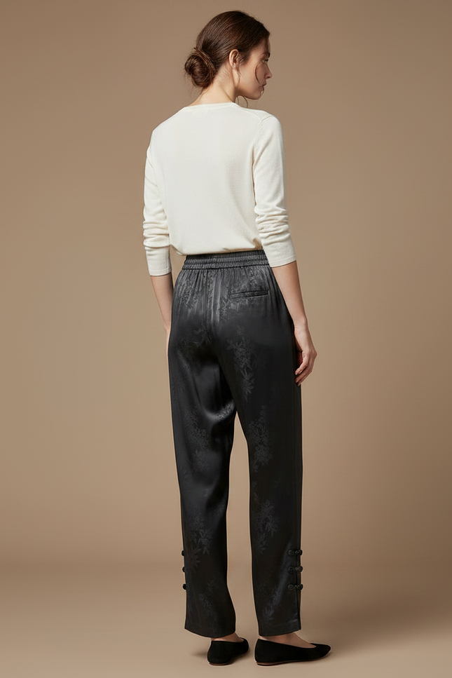 Pantalon Chinois Satin Noir Jacquard Ample Élégant - vue 2