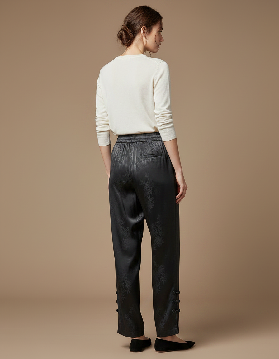 Pantalon Chinois Satin Noir Jacquard Ample Élégant - vue 2