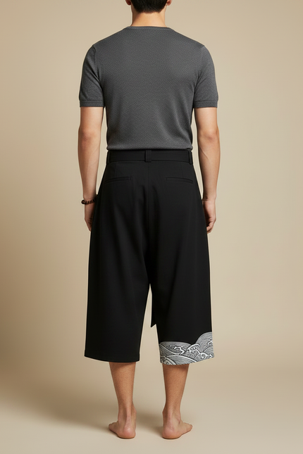Pantalon Chinois Noir Ample Coton Motif Vagues - vue 2