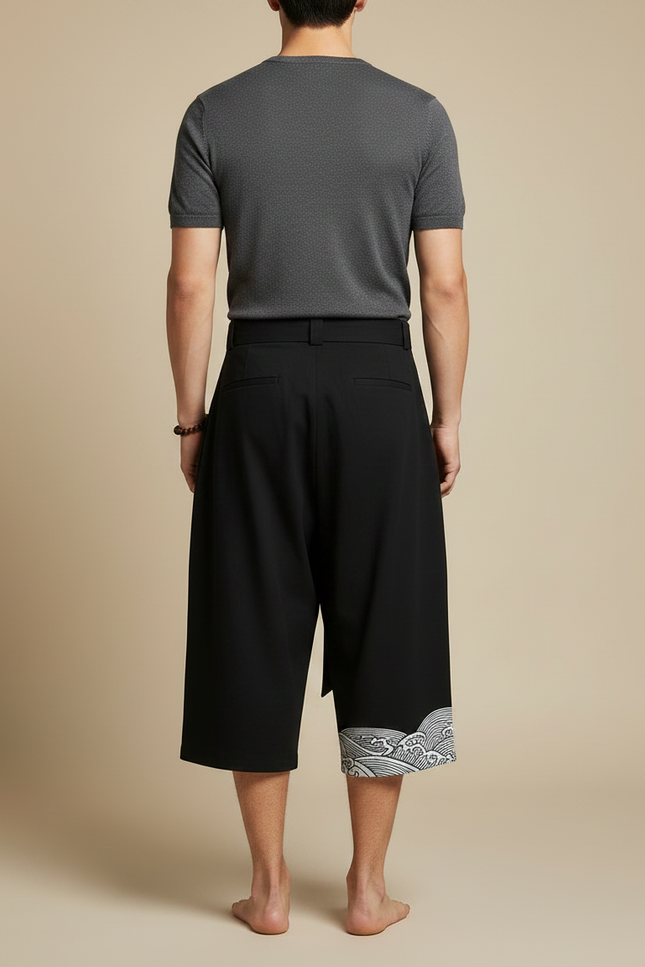 Pantalon Chinois Noir Ample Coton Motif Vagues - vue 2