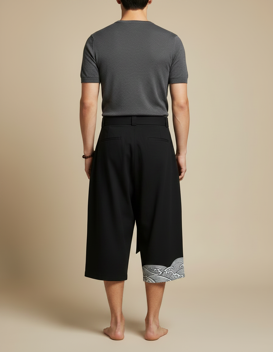 Pantalon Chinois Noir Ample Coton Motif Vagues - vue 2