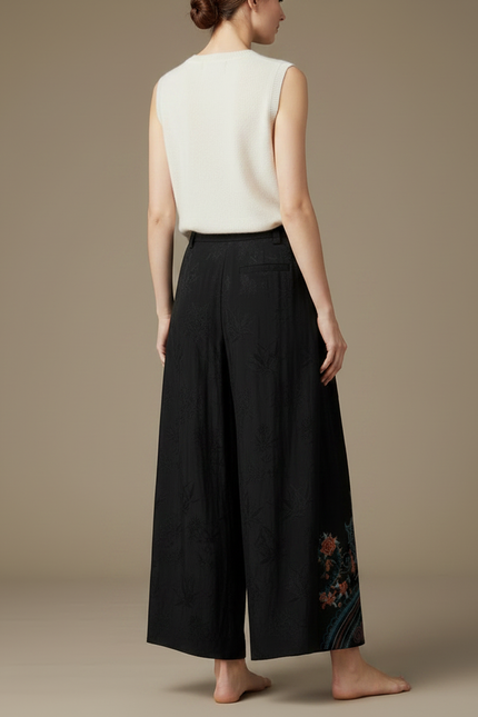Pantalon Chinois Noir Brodé Ethnique Ample Fluide - Viscose - vue 2