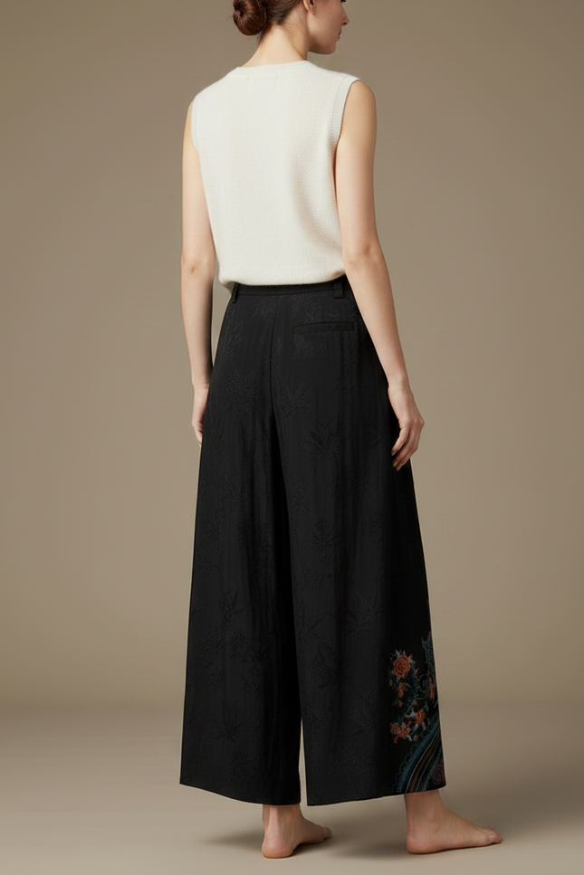 Pantalon Chinois Noir Brodé Ethnique Ample Fluide - Viscose - vue 2